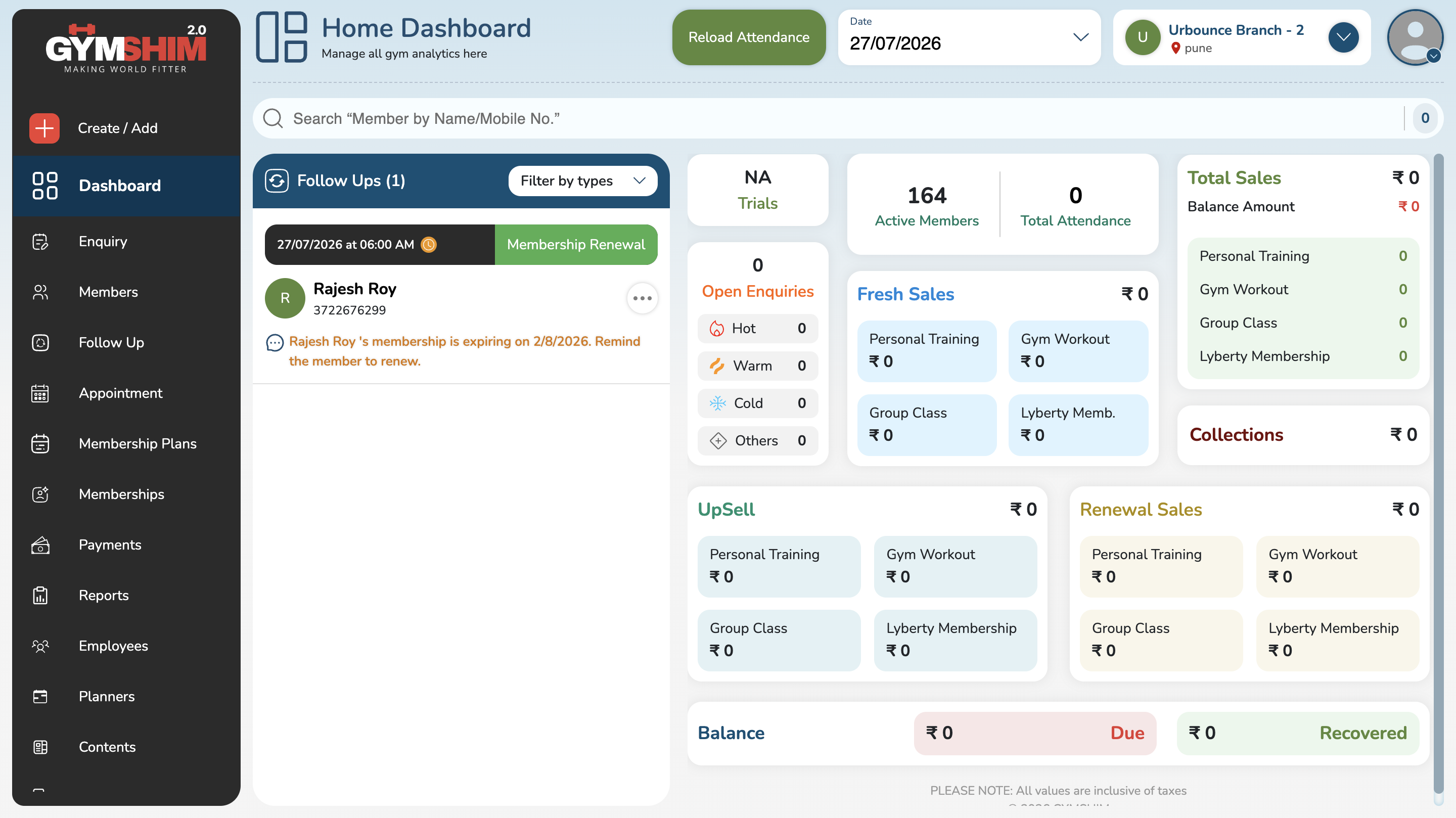 GymShim GOS home dashboard — active members, follow-ups, sales, and collections at a glance