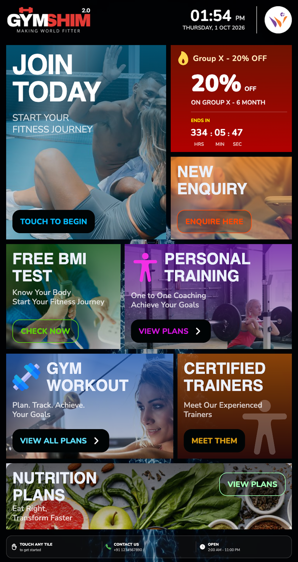GYMSHIM kiosk dashboard showing today's offer, plans, classes and stats