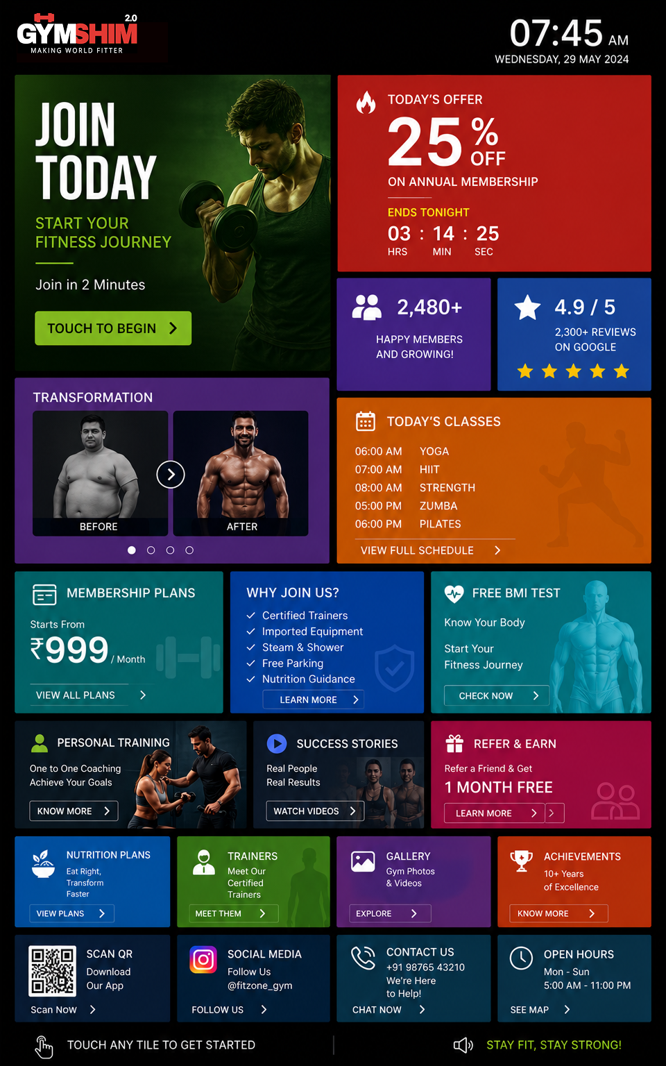 GYMSHIM kiosk dashboard showing today's offer, plans, classes and stats