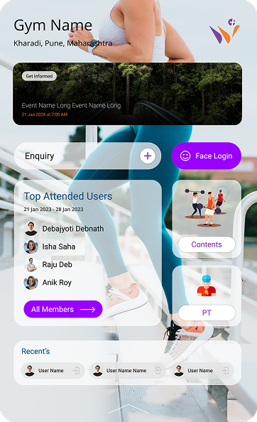 Kiosk home screen with face login, enquiry and top attended members