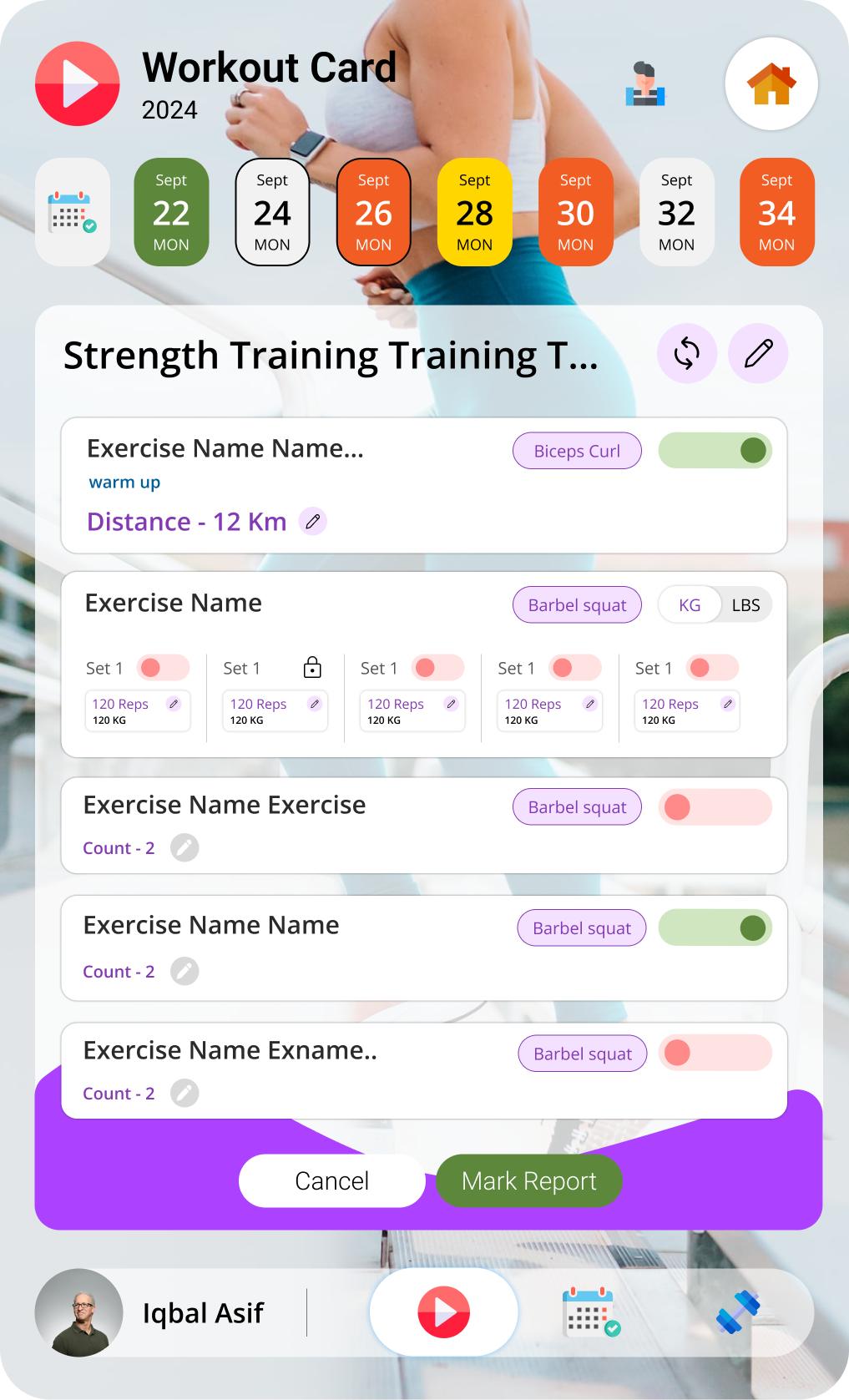 Workout planner calendar showing a month of scheduled activities