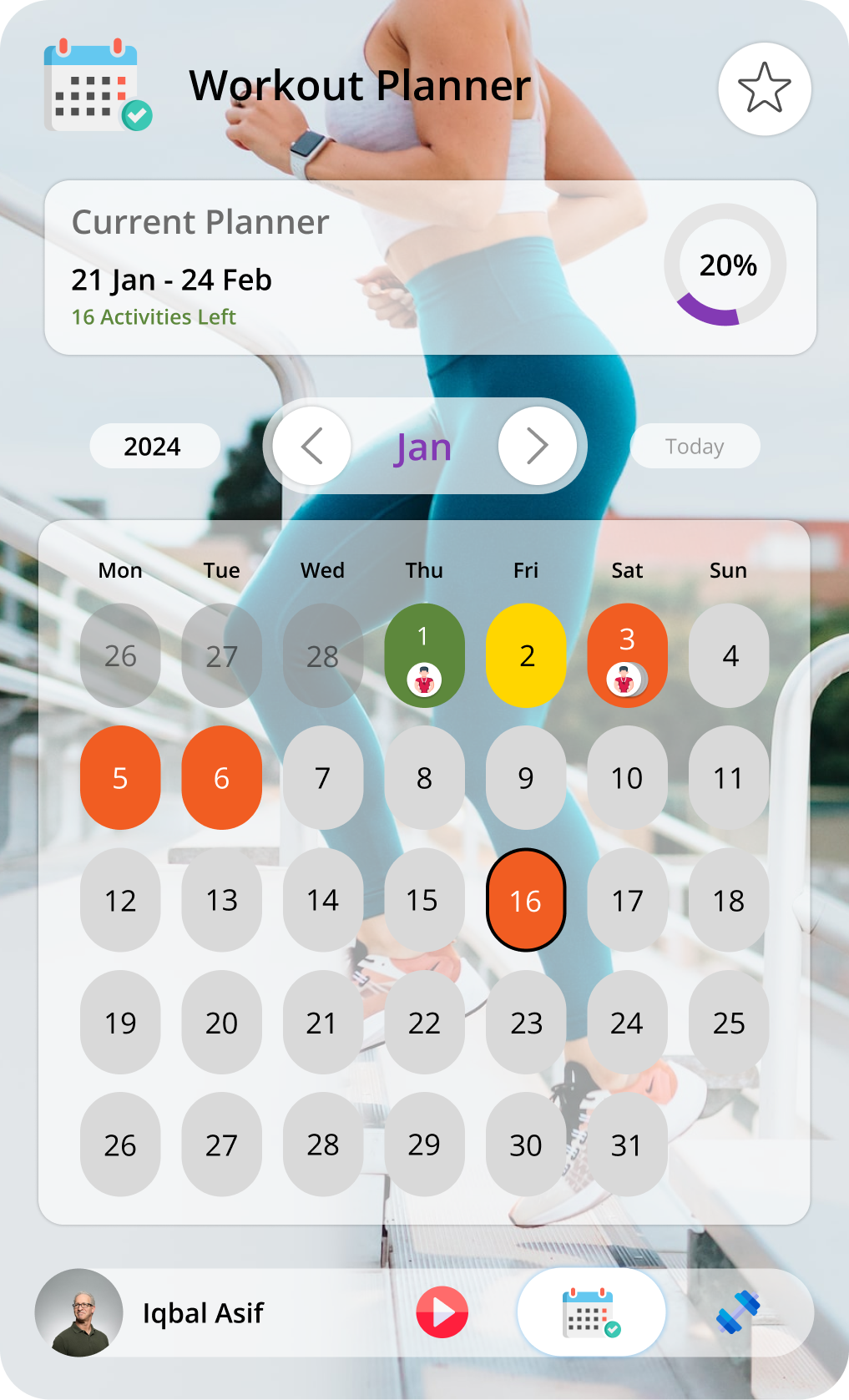 Workout card for logging sets, reps and weight across the week