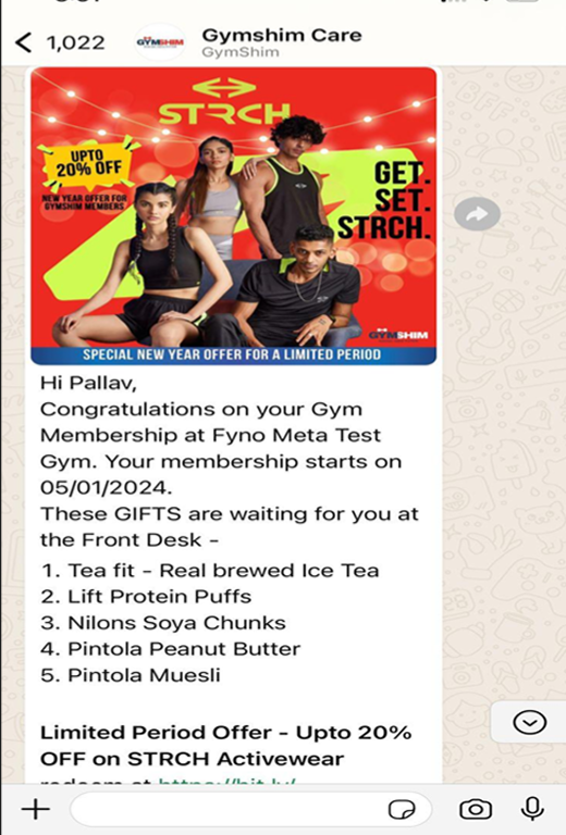 Branded WhatsApp workout reminder screenshot